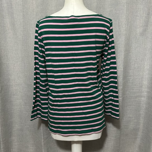 J Crew Crew Neck Shirt-3/4 Sleeve-Sz M-Cotton-Pink/Green Striped-Notched sides - Picture 3 of 13